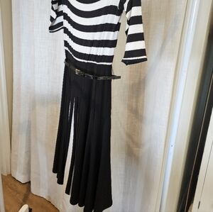 Black and White Striped Pleated Midi Dress